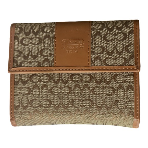 Tan & Brown COACH Signature Canvas Tri-Fold Wallet with Tan Interior - Picture 1 of 16